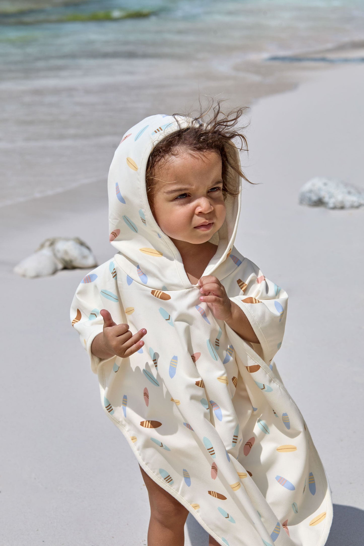 UV Badeponcho Kinder - Surfbrett, Weiss