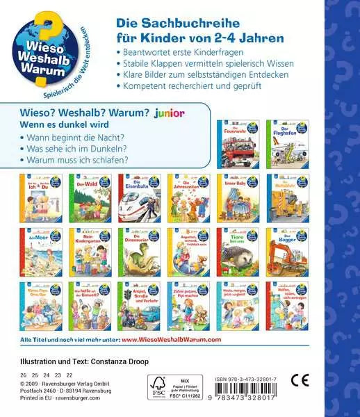 Rückseite Kinderbuch Wenn es dunkel wird aus der Sachbuchreihe Wieso Weshalb Warum für Kinder von 2 bis 4 Jahren im Bärechind Winterthur Zürich Schweiz.