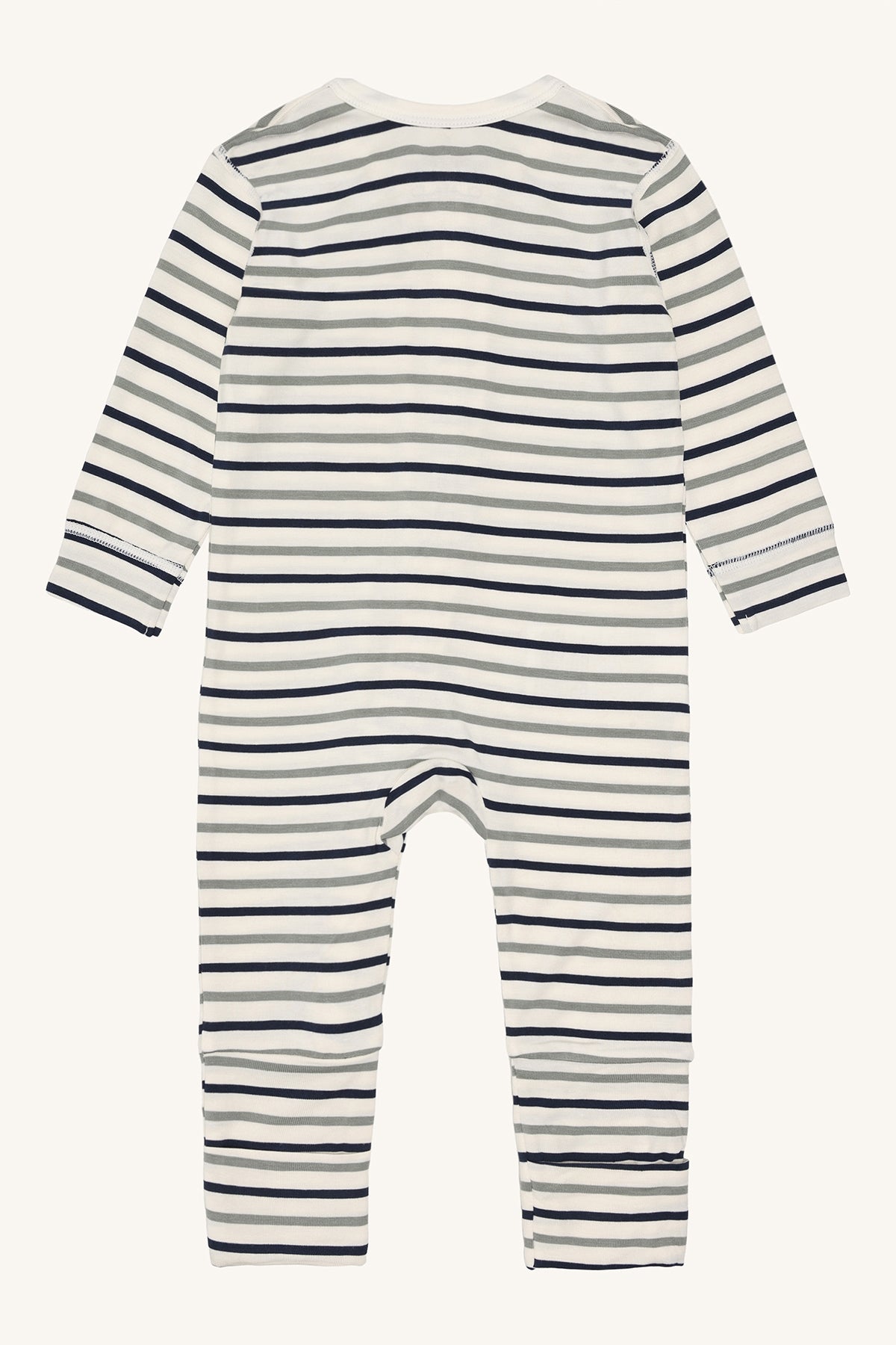 Rückansicht des Hust & Claire Mulle Stramplers mit asymmetrischem Reißverschluss und eleganten Seagrass-Streifen.