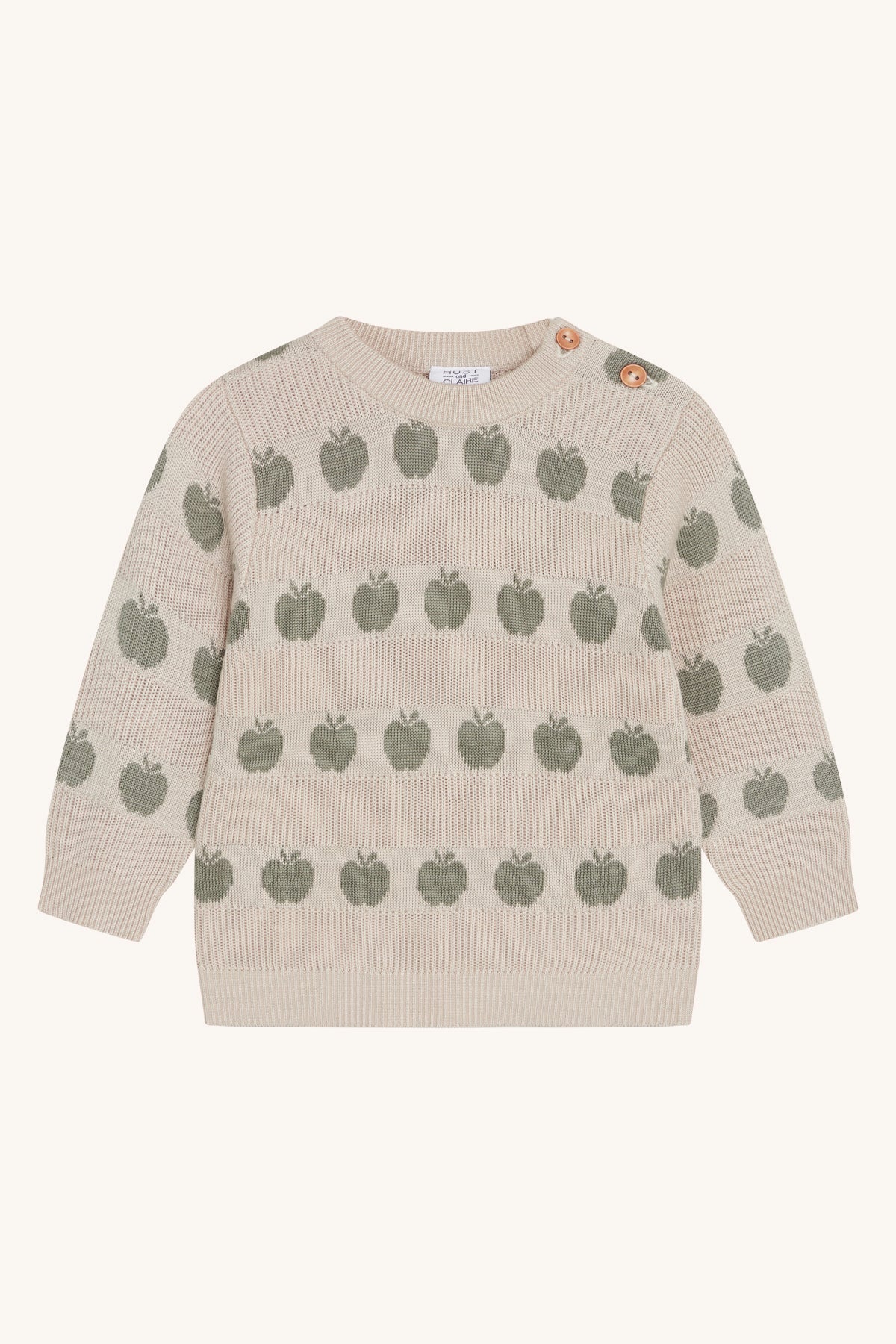 Vorderansicht des Hust & Claire Pos Pullovers in Seagrass mit Apfel-Print in Mint und weicher Baumwolle.