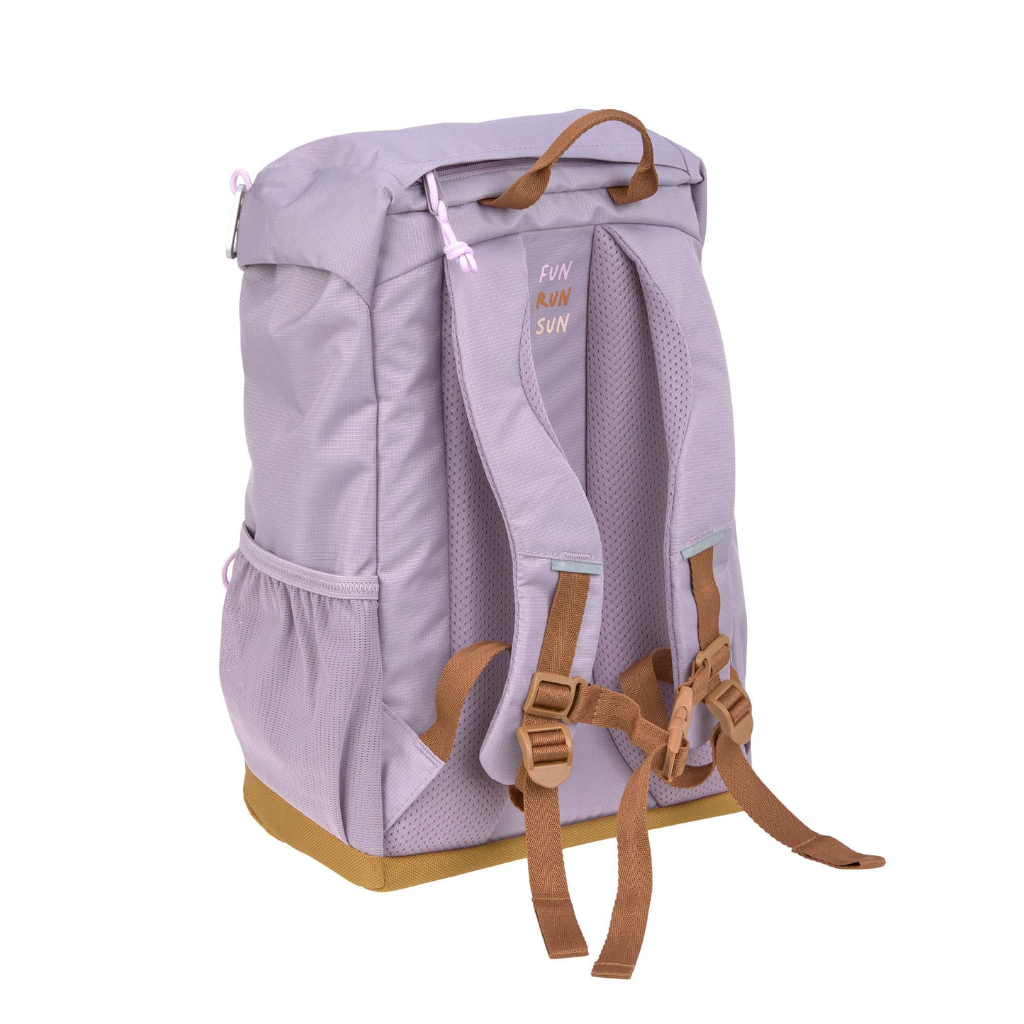 Seitenansicht vom nachhaltigen Kinder-Wanderrucksack Little Gang in Lila – bequem, funktional und perfekt für Abenteuer