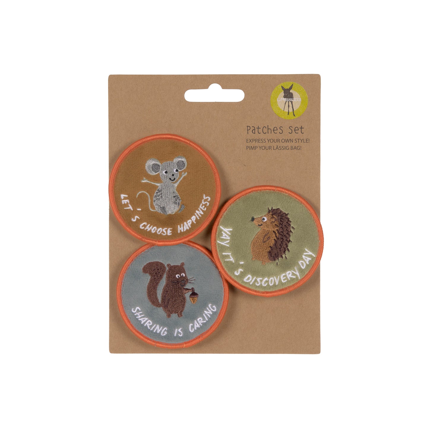 Verpackung des Laessig Patches & Anhaenger Waldtiere Sets mit einem Anhänger und drei Waldtier-Patches.