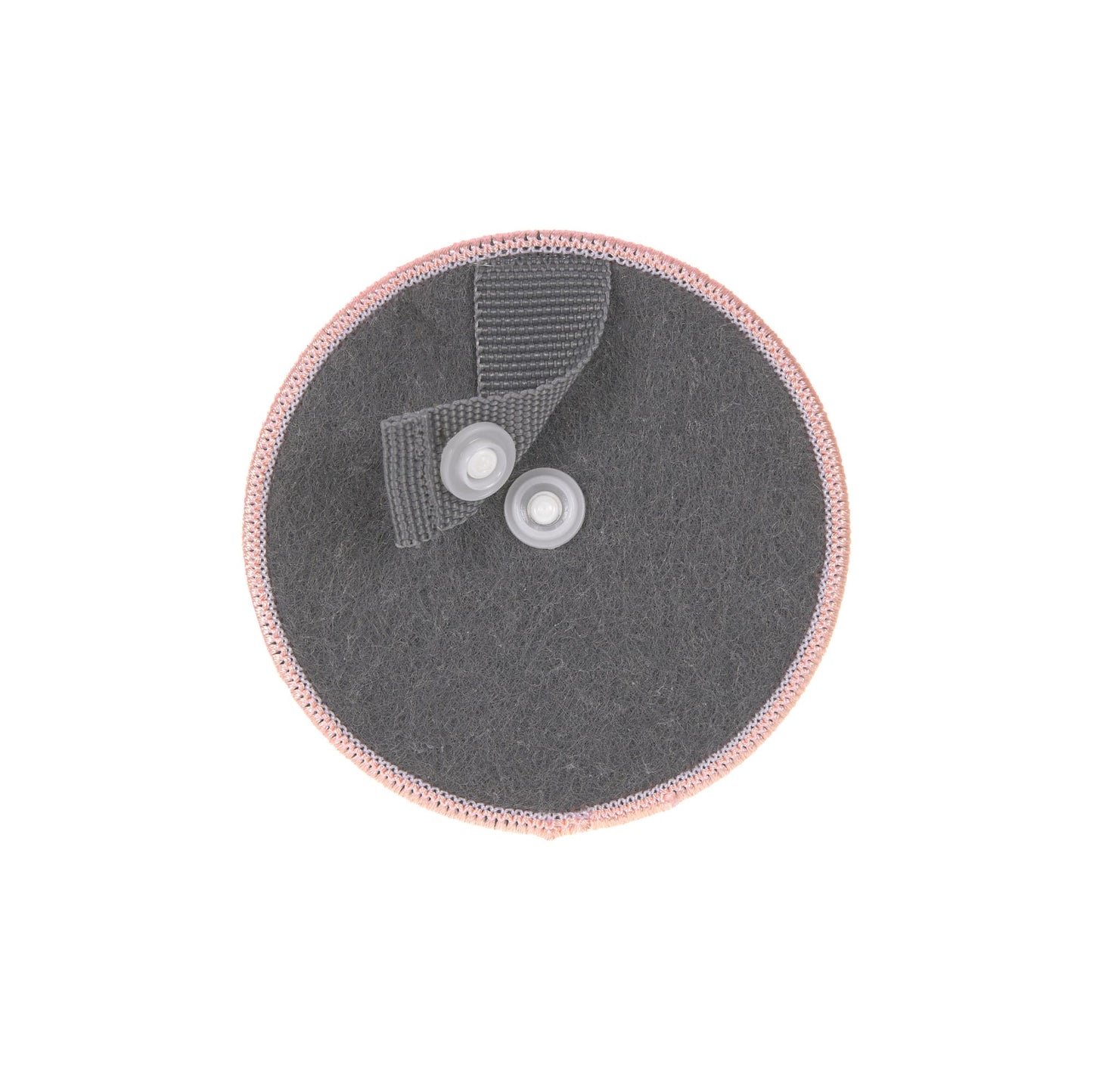Rueckseite der runden Laessig Pferd-Patch mit grauem Stoff und Druckknoepfen zur Befestigung.