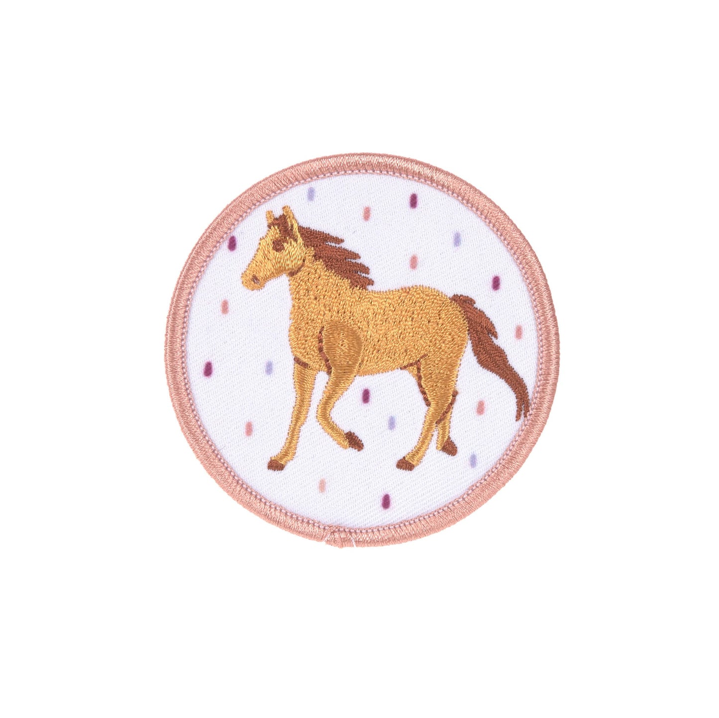 Runde Patch mit einem goldfarbenen Pferd-Motiv auf rosa Hintergrund mit Punkten, umrahmt von einer rosa Stickerei.
