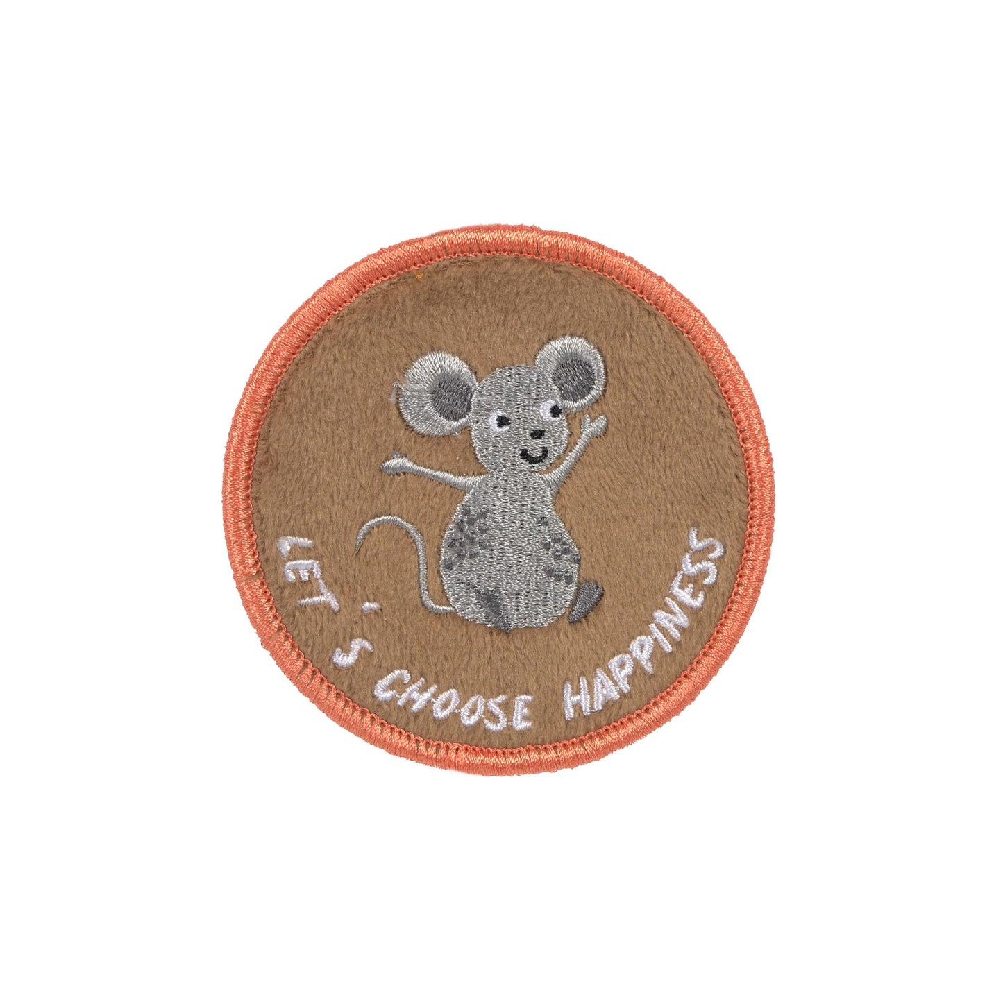 Runde Patch mit Maus-Motiv auf braunem Hintergrund, umrahmt von einer orangefarbenen Stickerei und der Aufschrift "Let's Choose Happiness".