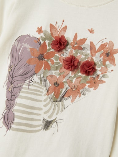 Detailaufnahme bunter Blumenprint auf weissem Bio-Baumwollshirt für Kinder, Bärechind Winterthur Zürich Schweiz