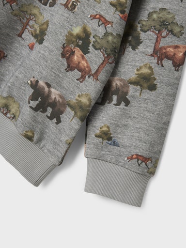 Detail eines grauen Kinder Sweatshirts aus Bio-Baumwolle mit Waldtiere-Print, Bärechind Winterthur Zürich Schweiz