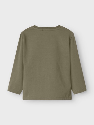 Rückseite eines Kinder Langarmshirts in Olivgrün aus Bio-Baumwolle, Bärechind Winterthur Zürich Schweiz
