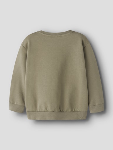 Rückseite eines Kinder Sweatshirts aus Bio-Baumwolle in Olivgrün mit Bison-Print, Bärechind Winterthur Zürich Schweiz