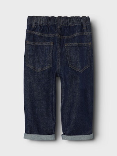 Rückansicht der blauen Jeanshose aus weichem Denim für Kinder, erhältlich bei Bärechind in Winterthur, Zürich Schweiz.