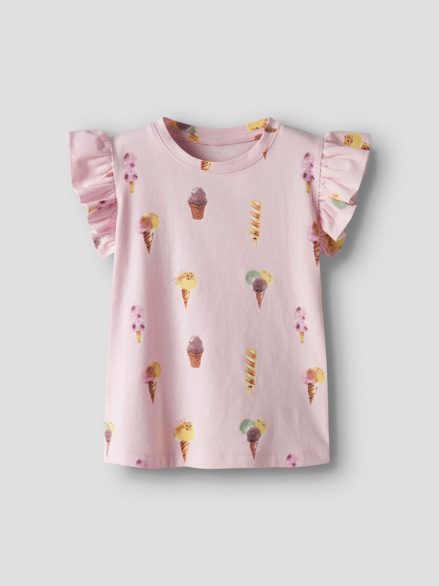 Rosa Kinder T-Shirt von Name It mit Ballerina-Print und Rüschenärmeln.