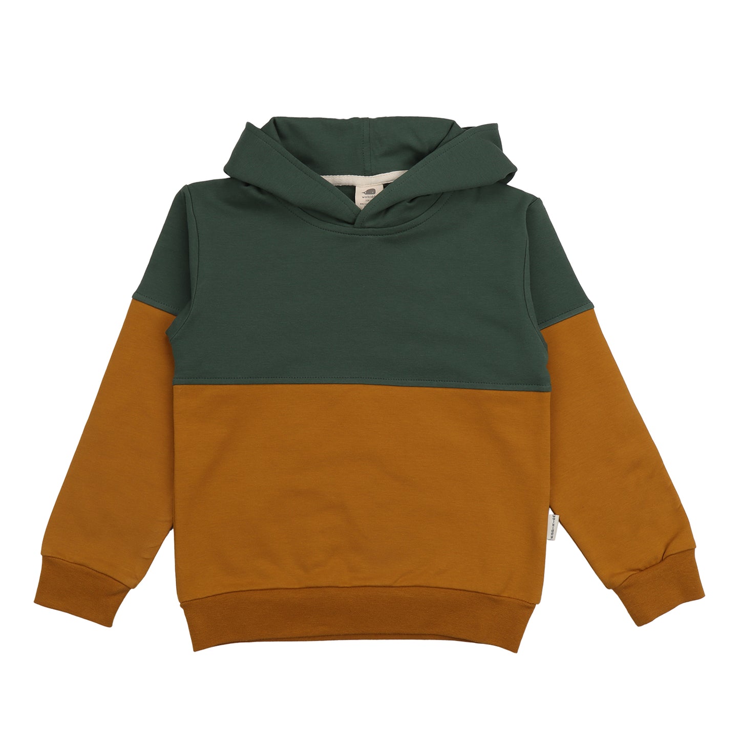Kinder Hoodie aus Bio-Baumwolle in Grün und Senfgelb – erhältlich bei Bärechind in Winterthur, Zürich, Schweiz.
