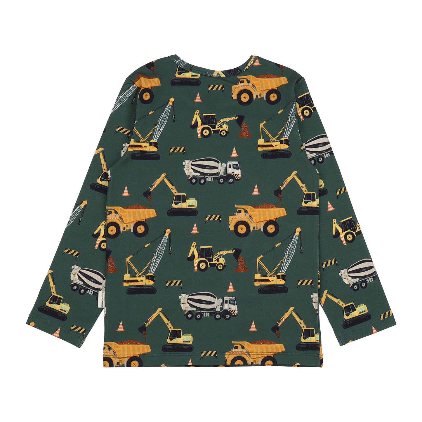 Rückansicht vom Kinder Langarmshirt mit Baustellenfahrzeugen – zu kaufen bei Bärechind in Winterthur, Zürich, Schweiz.