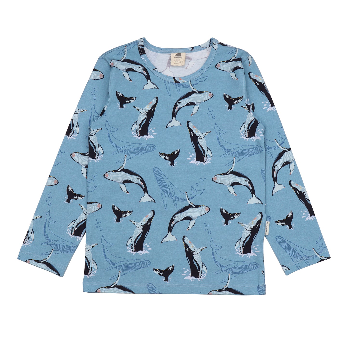 Blaues Langarmshirt mit Wal-Muster aus Bio-Baumwolle – erhältlich bei Bärechind in Winterthur, Zürich, Schweiz.