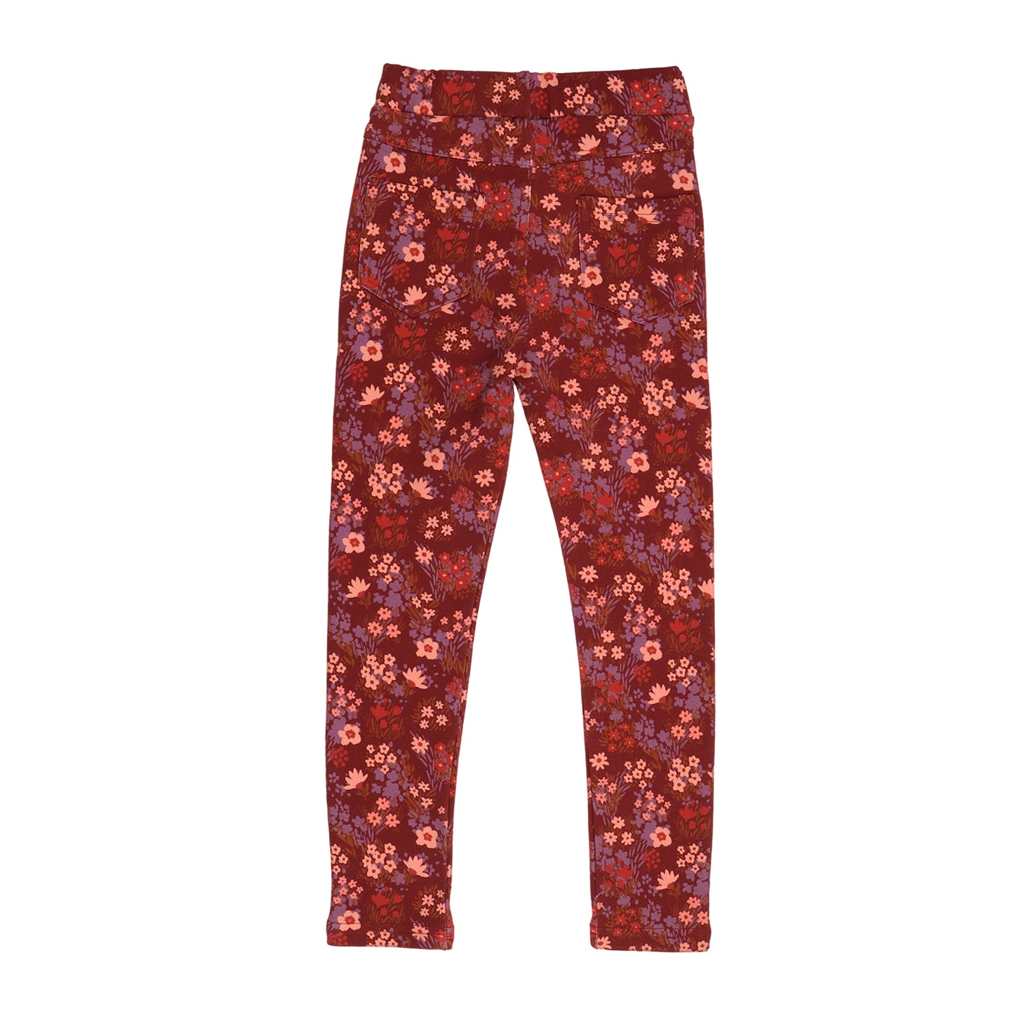 Rückseite der roten Leggings mit floralen Mustern aus Bio-Baumwolle – zu kaufen bei Bärechind in Winterthur, Zürich, Schweiz.