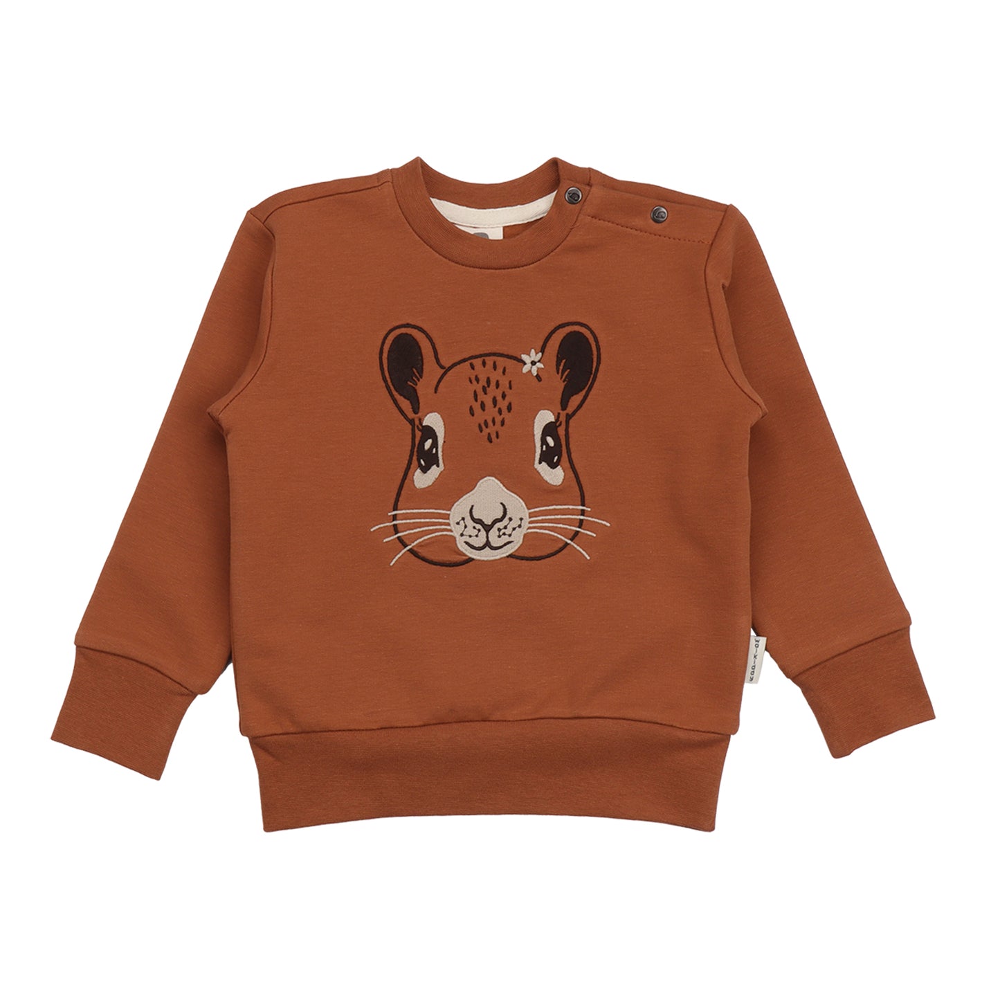 Brauner Kinder-Sweater mit Eichhörnchen-Gesicht aus Bio-Baumwolle von WALKIDDY – erhältlich bei Bärechind in Winterthur, Zürich, Schweiz.