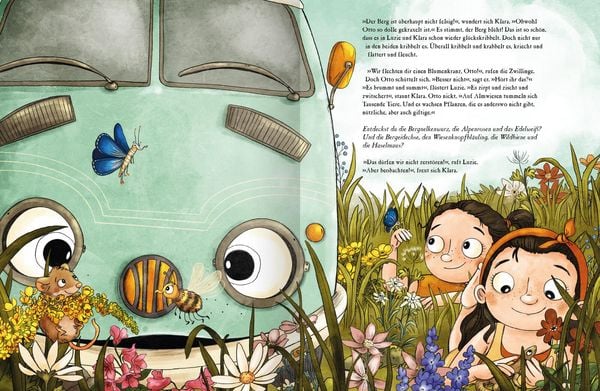 Bärechind Bilderbuch Otto Fährt los, Innenseite mit Almwiese und Schmetterling