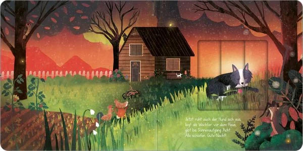 Bärechind Bilderbuch Wenn die Sonne schlafen geht, Bauernhofszene bei Nacht mit Verwandlungsschieber