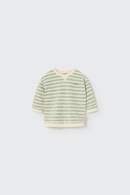 Unisex Baby Sweatshirt mit grünen und cremefarbenen Streifen aus hochwertiger Bio-Baumwolle. Bequemer, nachhaltiger Pullover für gemütliche und stylische Tage.