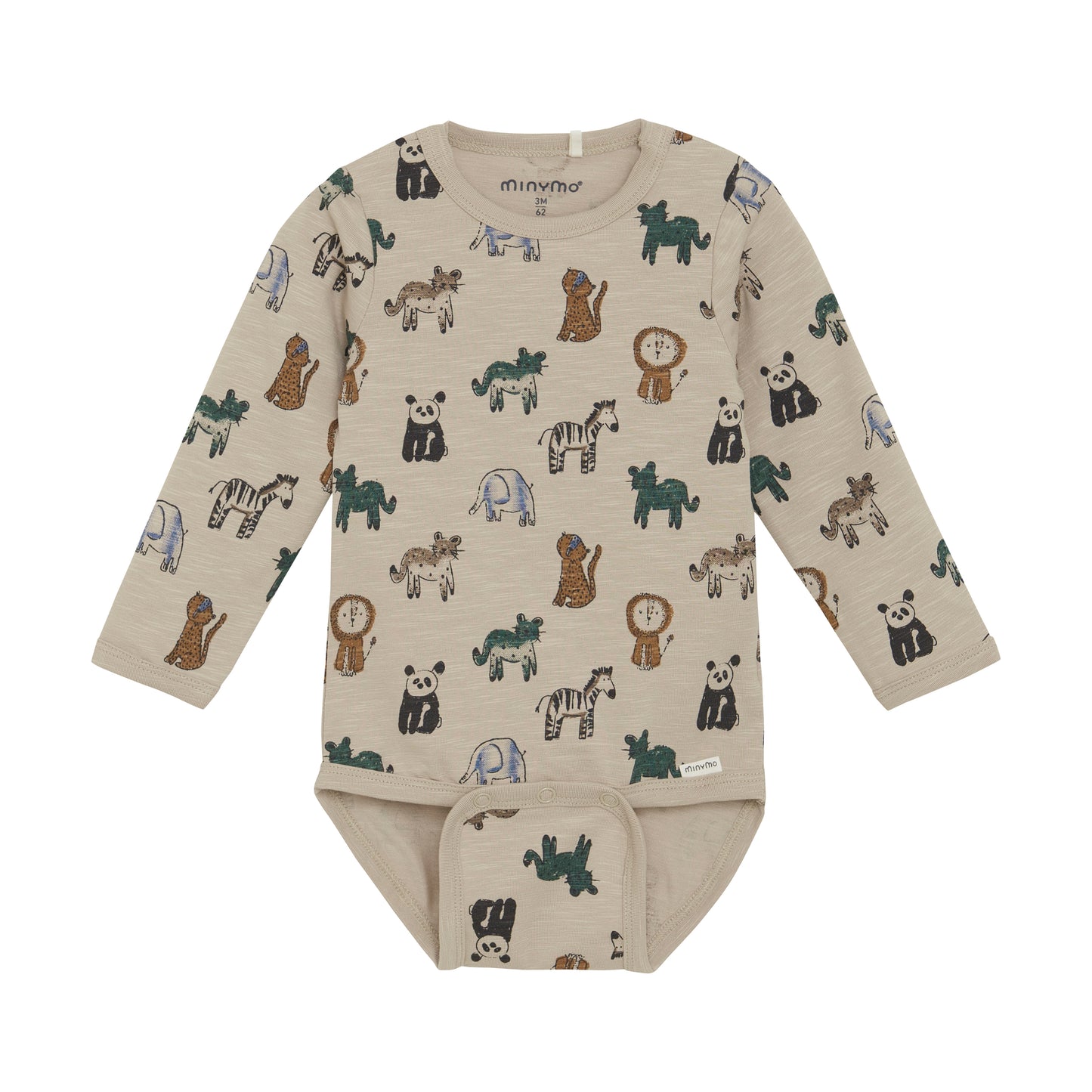 Vorderansicht vom Langarm-Babybody aus Baumwolle in Cappuccino mit buntem Tierprint – erhältlich bei Bärechind Winterthur.