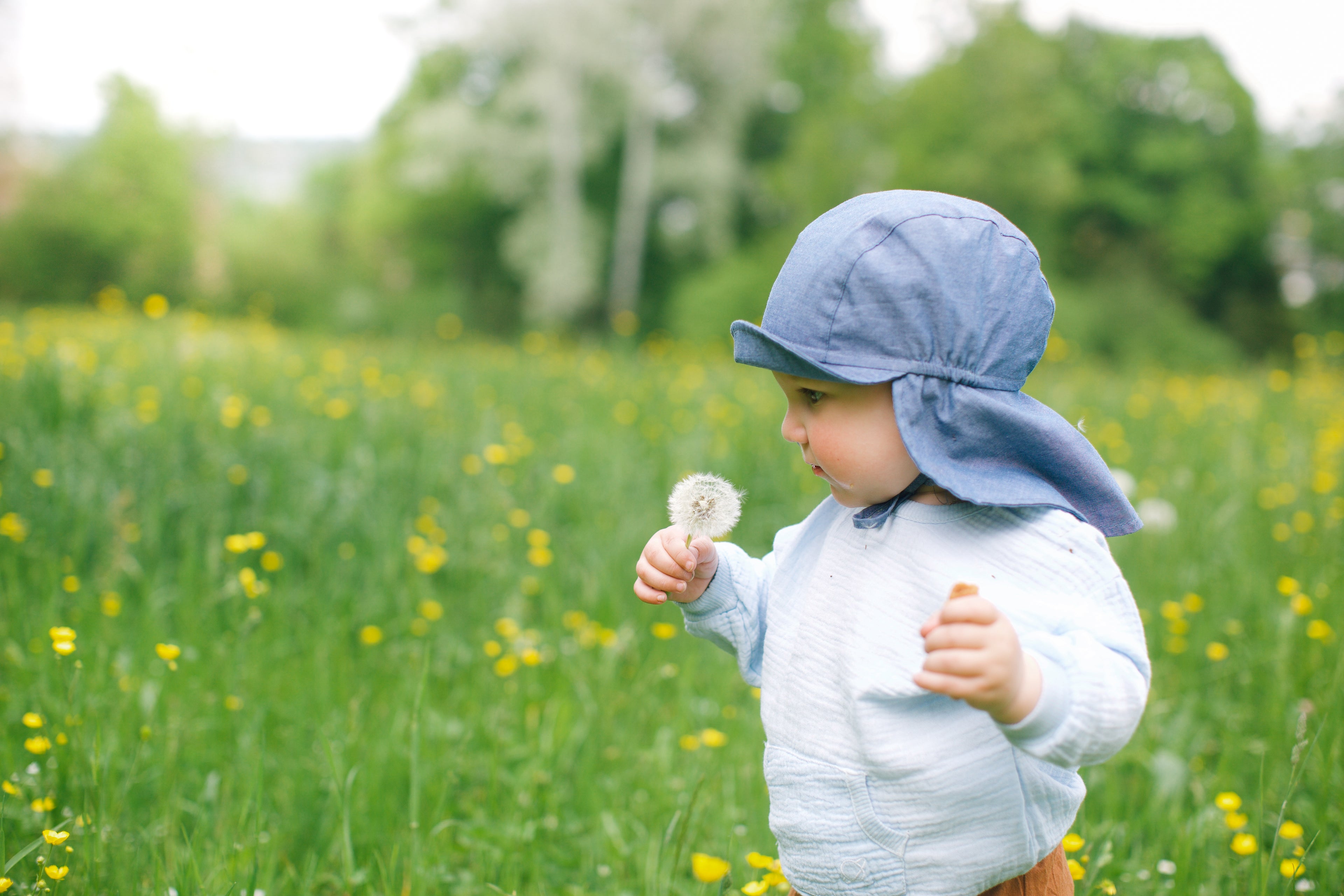 Kleinkind mit Mütze und Pusteblume auf Blumenwiese – nachhaltige Kinderkleider vom Kinderladen Bärechind in Winterthur, Zürich, Schweiz.