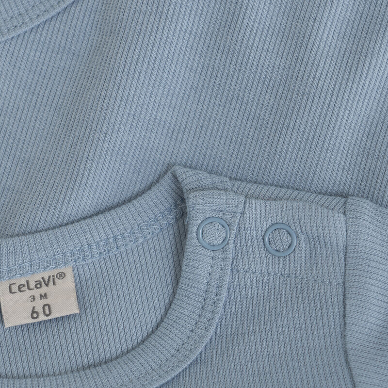 Detailansicht der Druckknöpfe am Langarm-Bambus-Body von CeLaVi in Blau, praktisch und hautfreundlich.