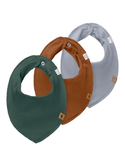 3er-Pack Baumwoll-Lätzchen mit Fleece-Innenseite in Grün, Rost und Grau – Bärechind, Winterthur, Zürich Schweiz.