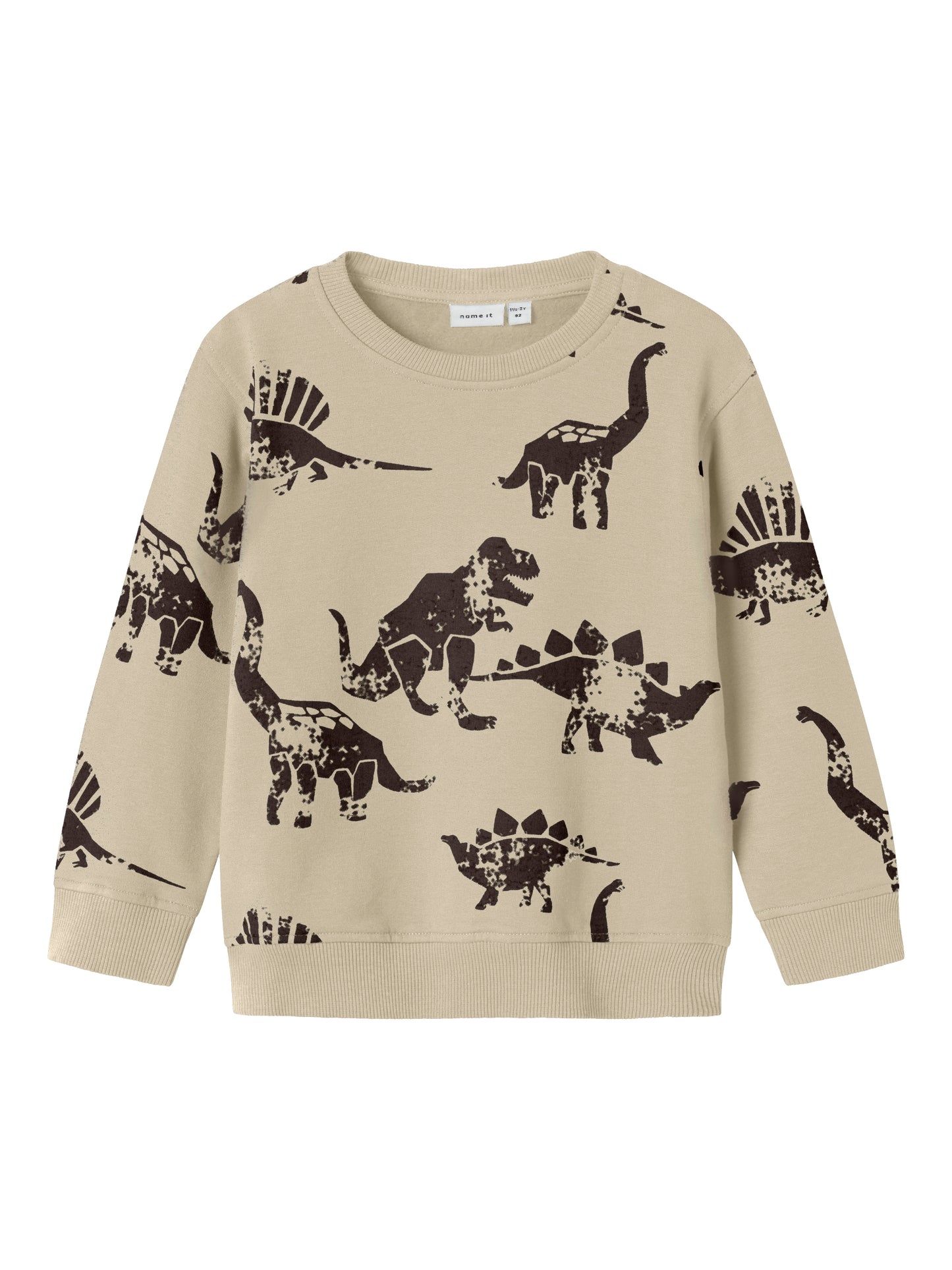 Beiger Bio-Baumwoll Sweater mit braunem Dinosaurier-Print für Kinder – Bärechind, Winterthur, Zürich Schweiz.