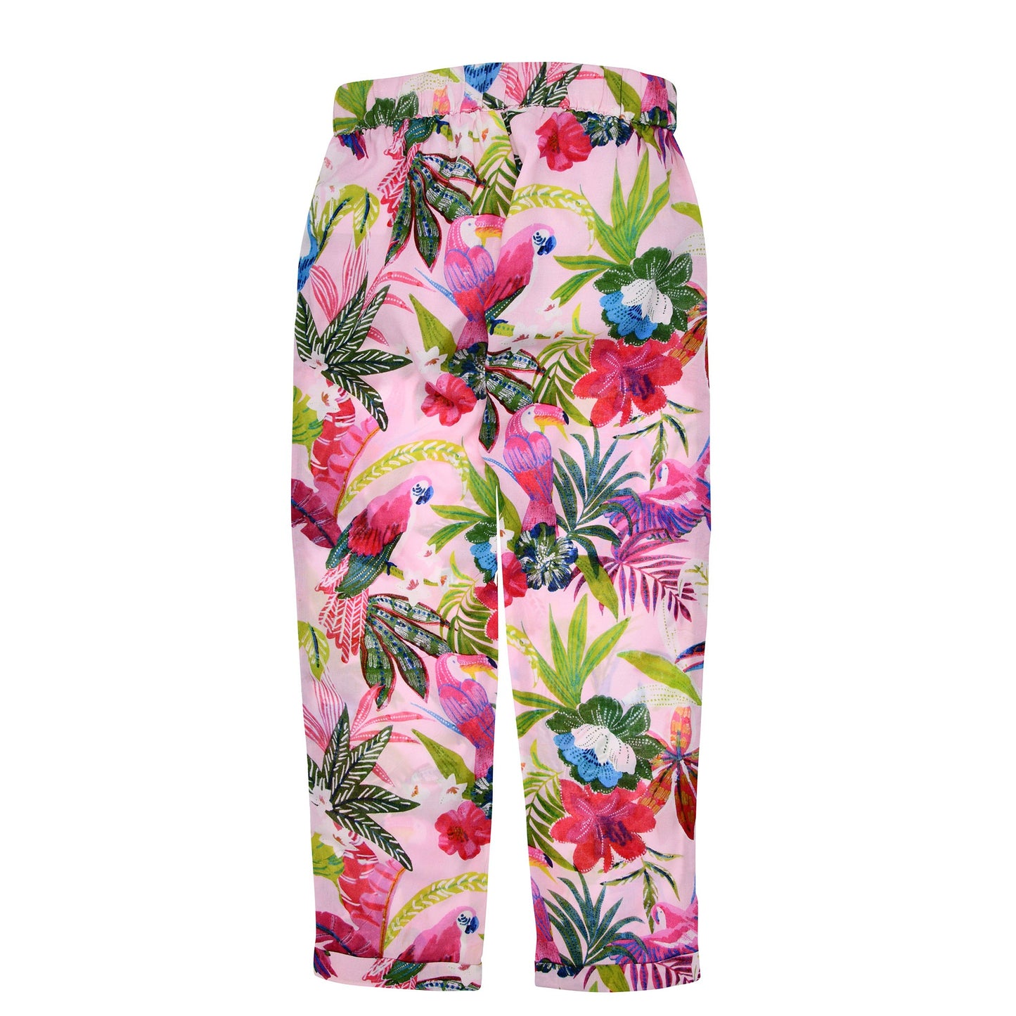 Rückseite der langen Mädchenhose mit tropischem Print – Bondi Mode online bei Bärechind Kinderkleider Schweiz