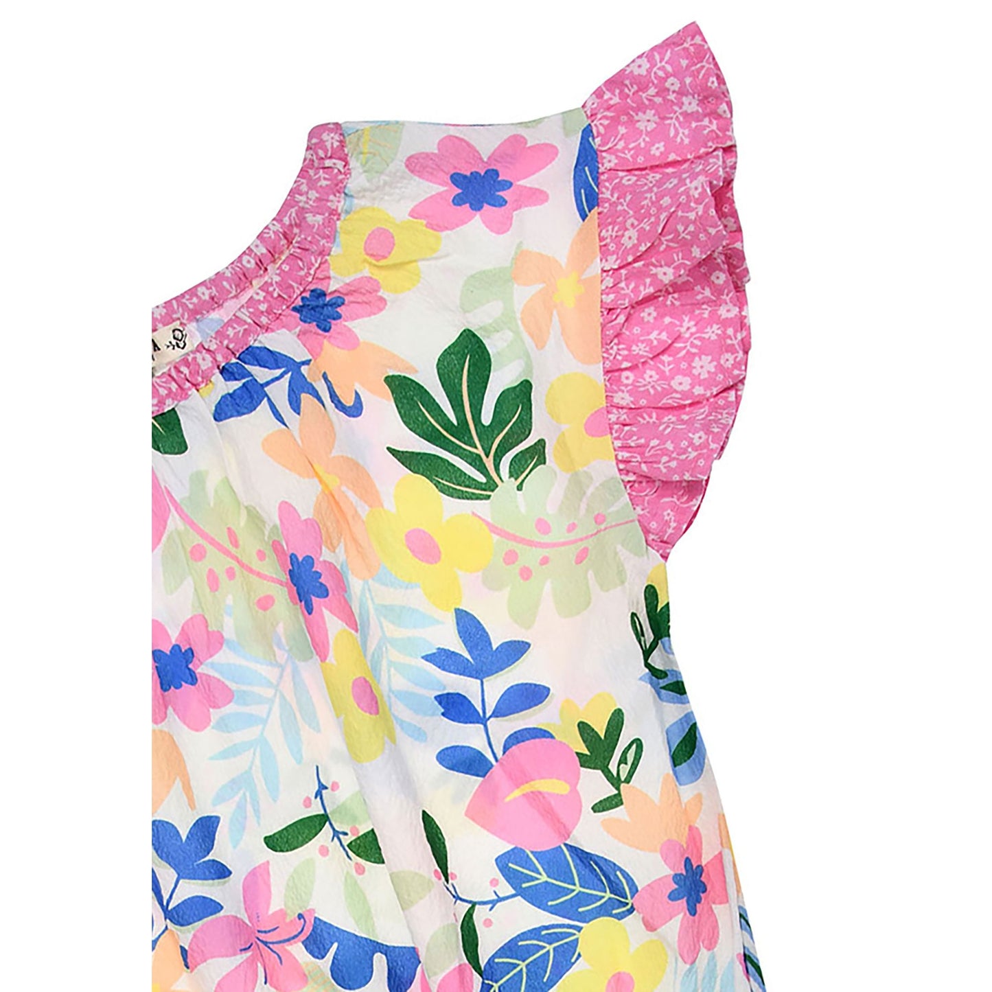 Detailansicht der Paillettenstickerei und Volants am Jumpsuit „Blumenallover“ – Bärechind Kinderkleider in Winterthur
