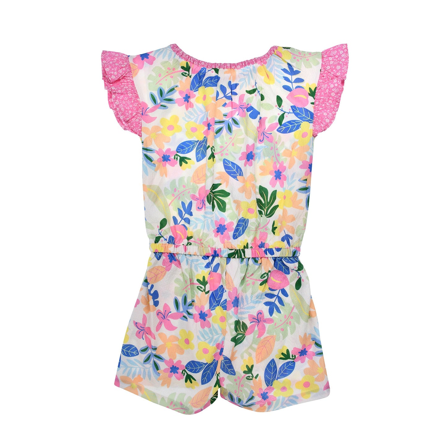 Rückseite des kurzen Sommer-Jumpsuits mit Blumenmuster von Bondi – online bei Bärechind Schweiz