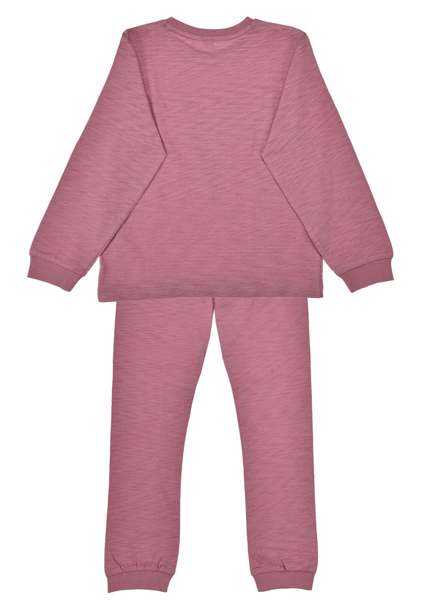 Rückansicht des rosa Kinderschlafanzugs mit Shirt und Hose