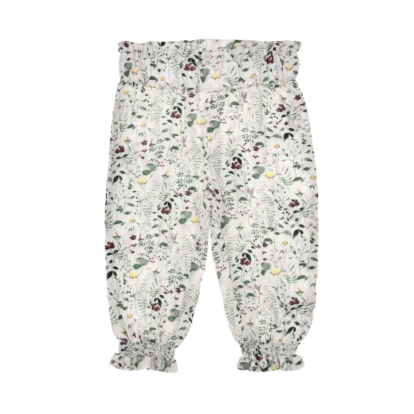 Vorderansicht der leichten Pluderhose mit Blätterprint von Bondi – erhältlich im Bärechind Kinderladen in Winterthur oder online in der Schweiz
