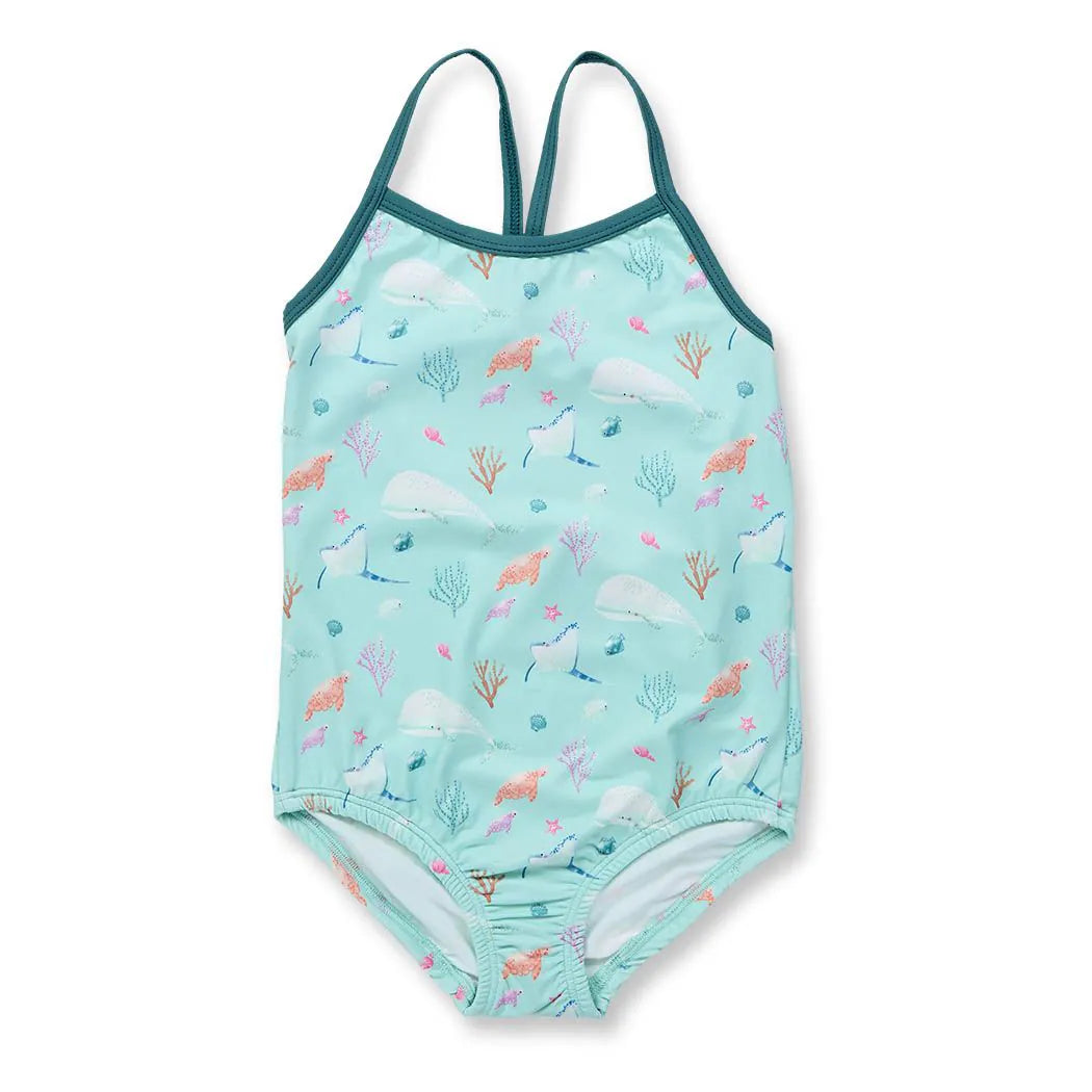 BUANI Badeanzug von Sense Organics aus recyceltem Polyester mit Meeresbewohner-Print auf eisgrünem Hintergrund, erhältlich in Winterthur, Zürich, Schweiz