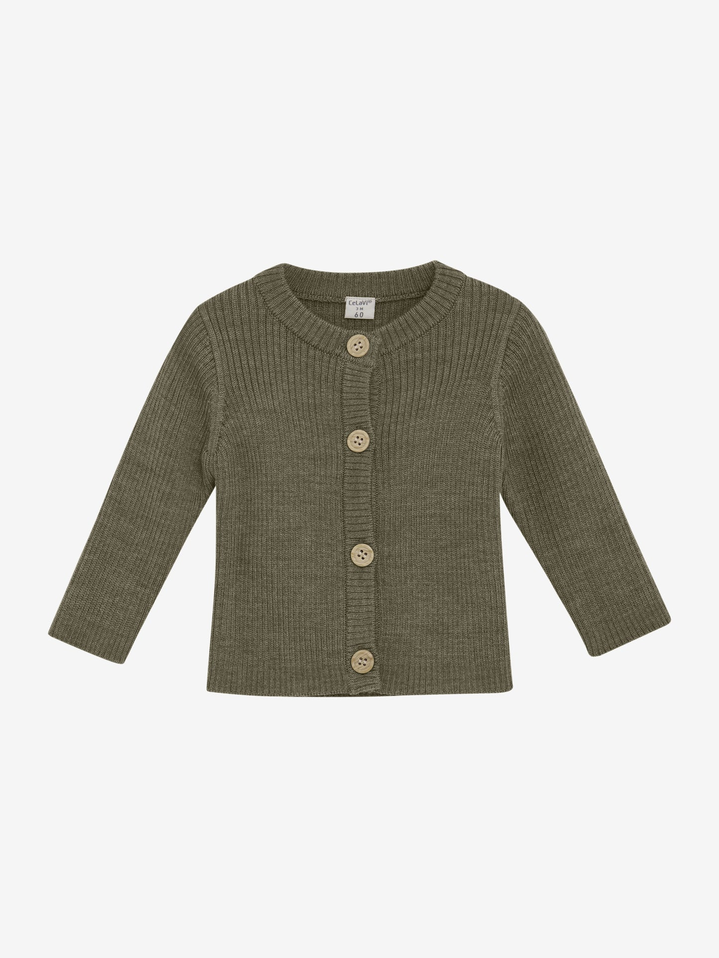 CeLaVi Cardigan aus Merinowolle in dusky green – flachliegend, Vorderseite. Erhältlich bei Bärechind in Winterthur, Zürich, Schweiz.