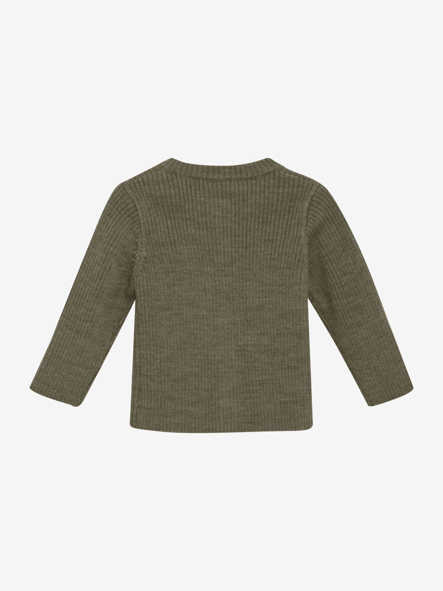Rückansicht des CeLaVi Woll-Cardigans in dusky green – zu kaufen bei Bärechind in Winterthur, Zürich, Schweiz.