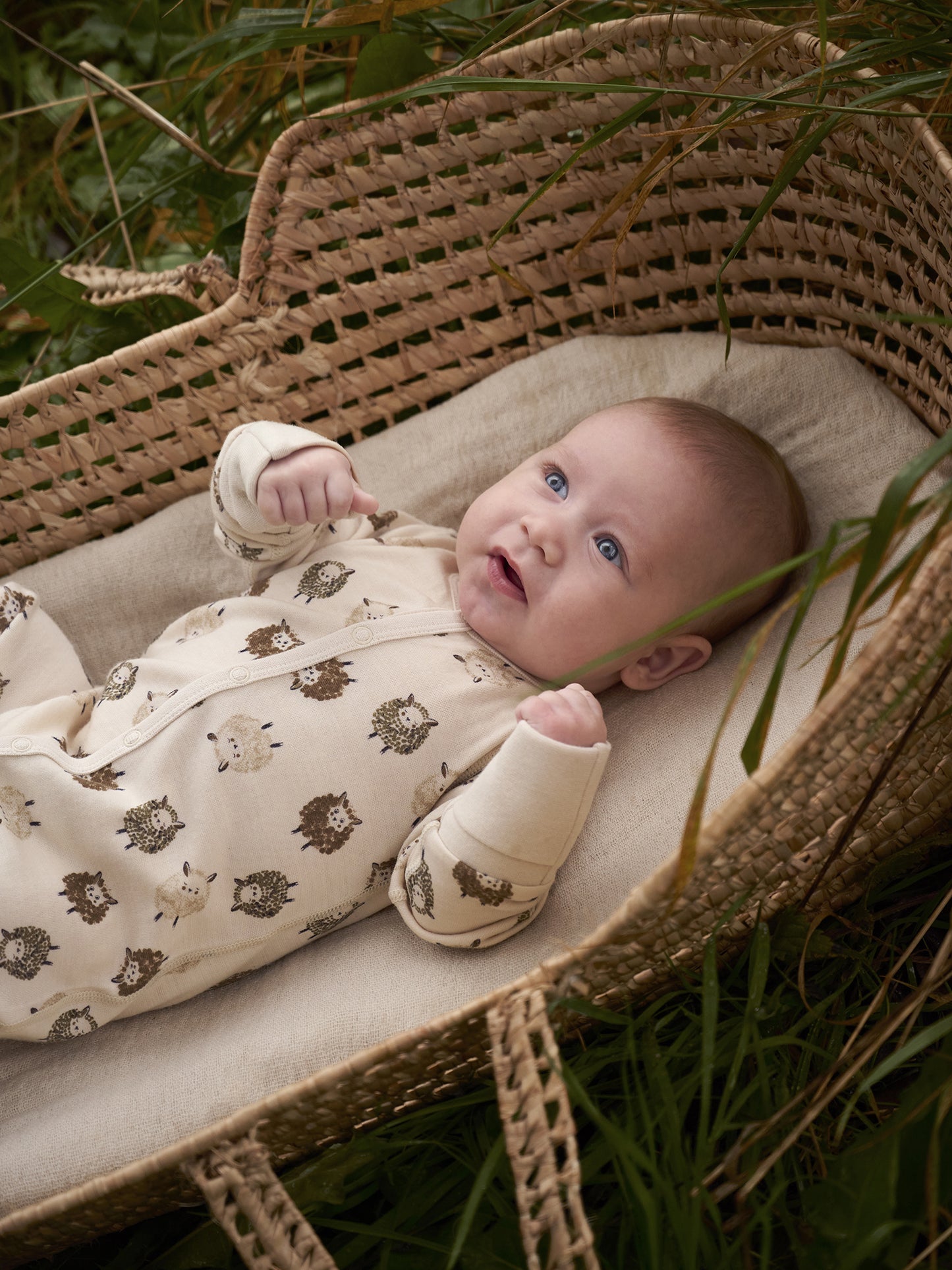 Baby trägt CeLaVi Jumpsuit mit Schafen im Korb – erhältlich im Bärechind in Winterthur, Zürich, Schweiz.