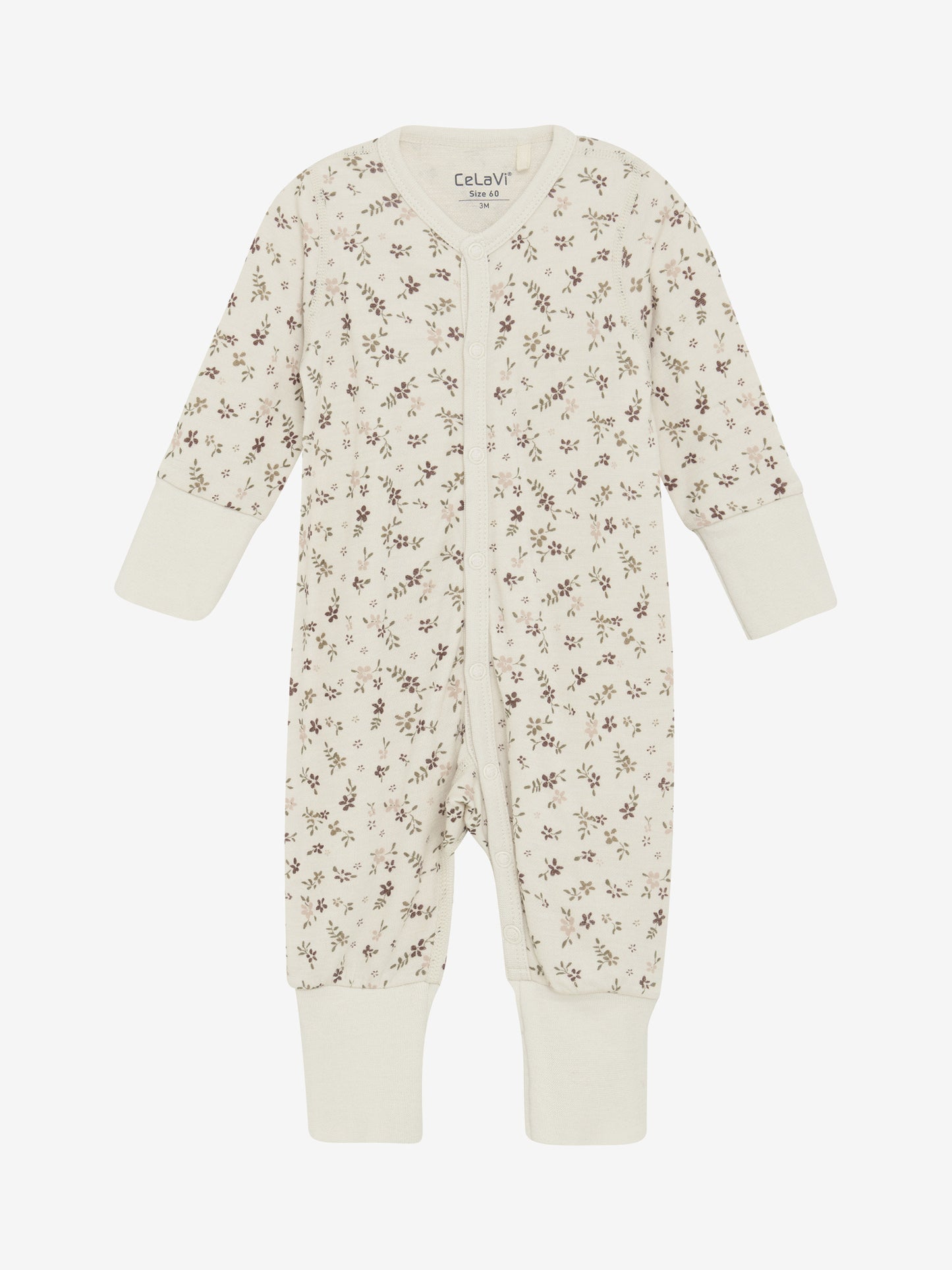 CeLaVi Jumpsuit mit braunem Blumenmuster – Vorderseite. Erhältlich im Bärechind in Winterthur, Zürich, Schweiz.