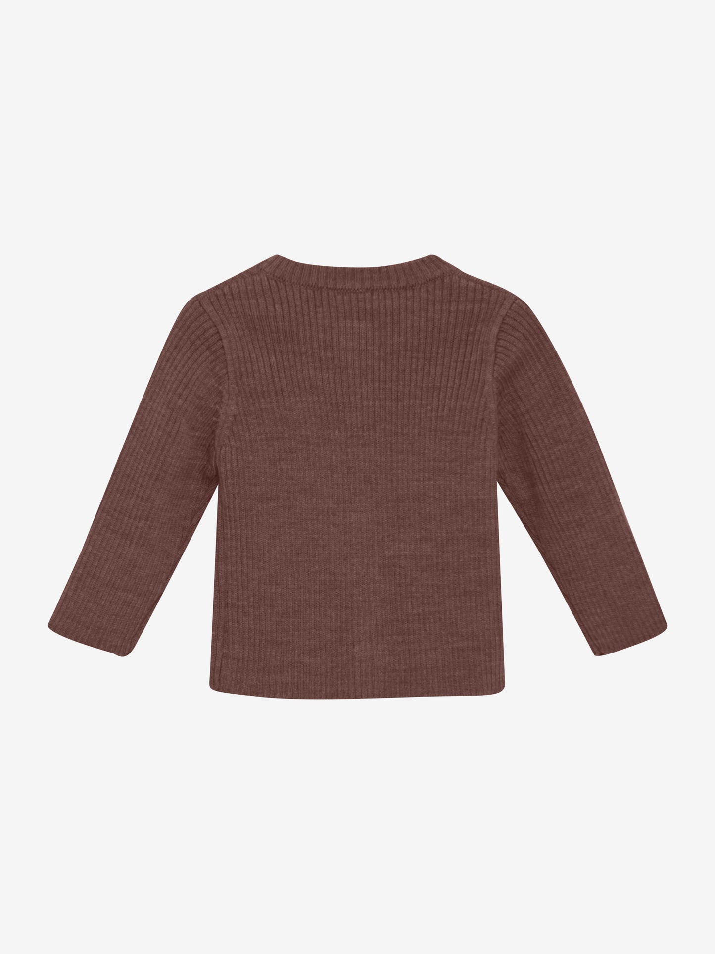 Rückansicht der CeLaVi Strickjacke in Marron – im Bärechind Winterthur, Zürich, Schweiz erhältlich.
