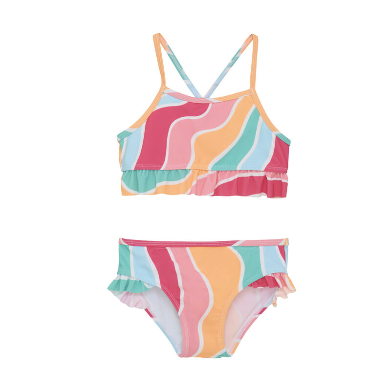 Color Kids Bikini mit Rüschen – Vorderansicht im bunten Wellen-Design