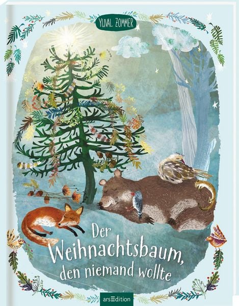 „Cover des Bilderbuchs Der Weihnachtsbaum, den niemand wollte – kleiner Waldbaum mit Tieren, winterliche Illustration von Yuval Zommer.“