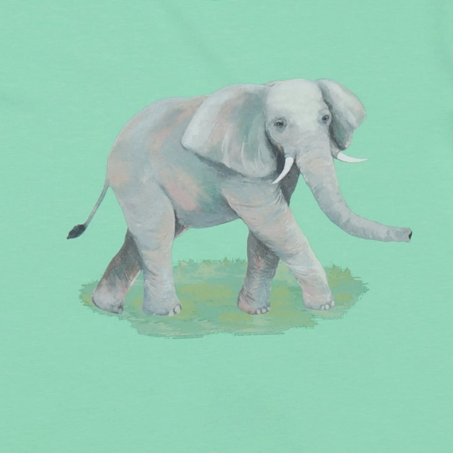 Detailaufnahme des Elefanten-Motivs auf einem Kinder-T-Shirt in Mintgrün aus Bio-Baumwolle.