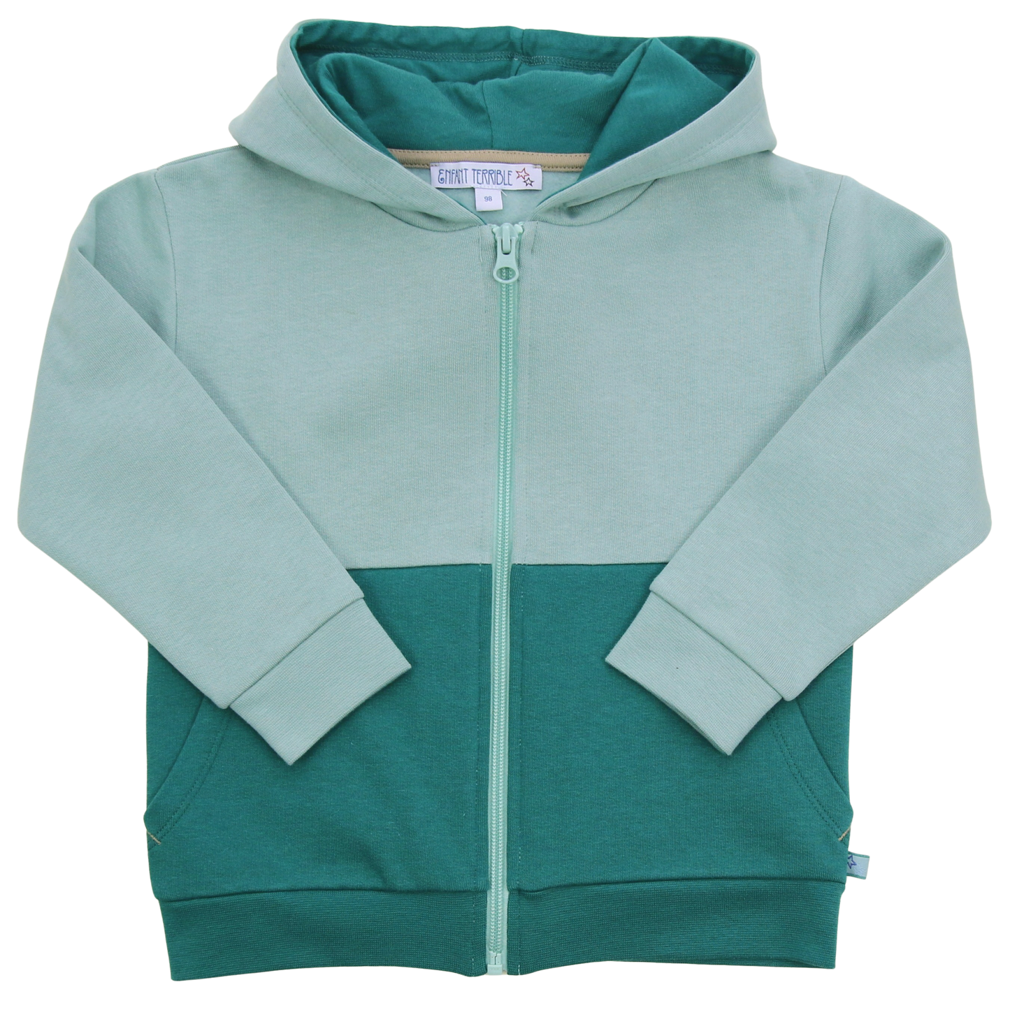 Zweifarbige Kinder Kapuzenjacke aus Baumwollfleece in Grün von Enfant Terrible, erhältlich bei Bärechind in Winterthur, Zürich Schweiz.