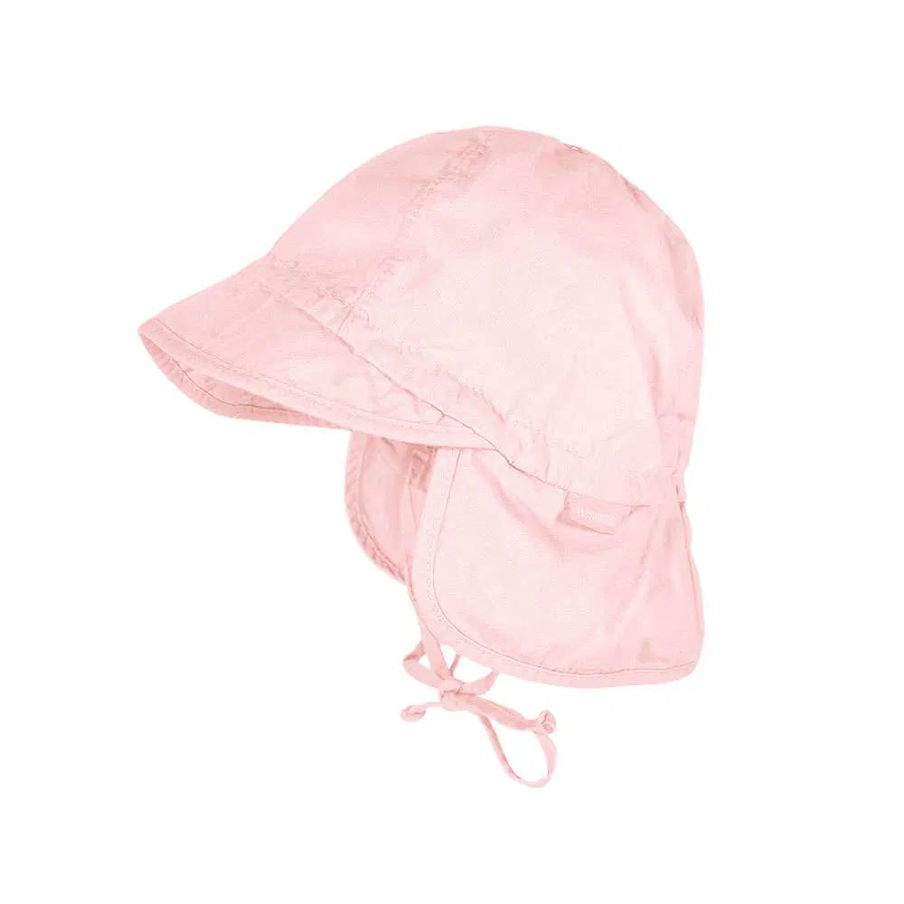 Rosa GOTS-zertifizierte Baby-Schildmütze mit Nackenschutz und Bindeband aus ungefütterter Baumwolle