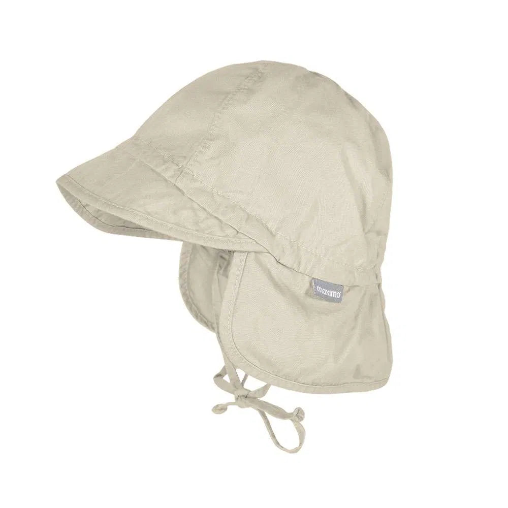Beige Baby-Schildmütze aus GOTS-zertifiziertem Musselin mit Nackenschutz, Schirm und Bindeband, mit natürlichem UV-Schutz