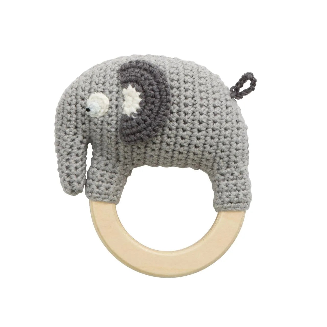Häkel-Rassel Fanto der Elefant mit Holzring, handgefertigt aus Bio-Baumwolle von Sebra, ideal als Geschenk zur Geburt.