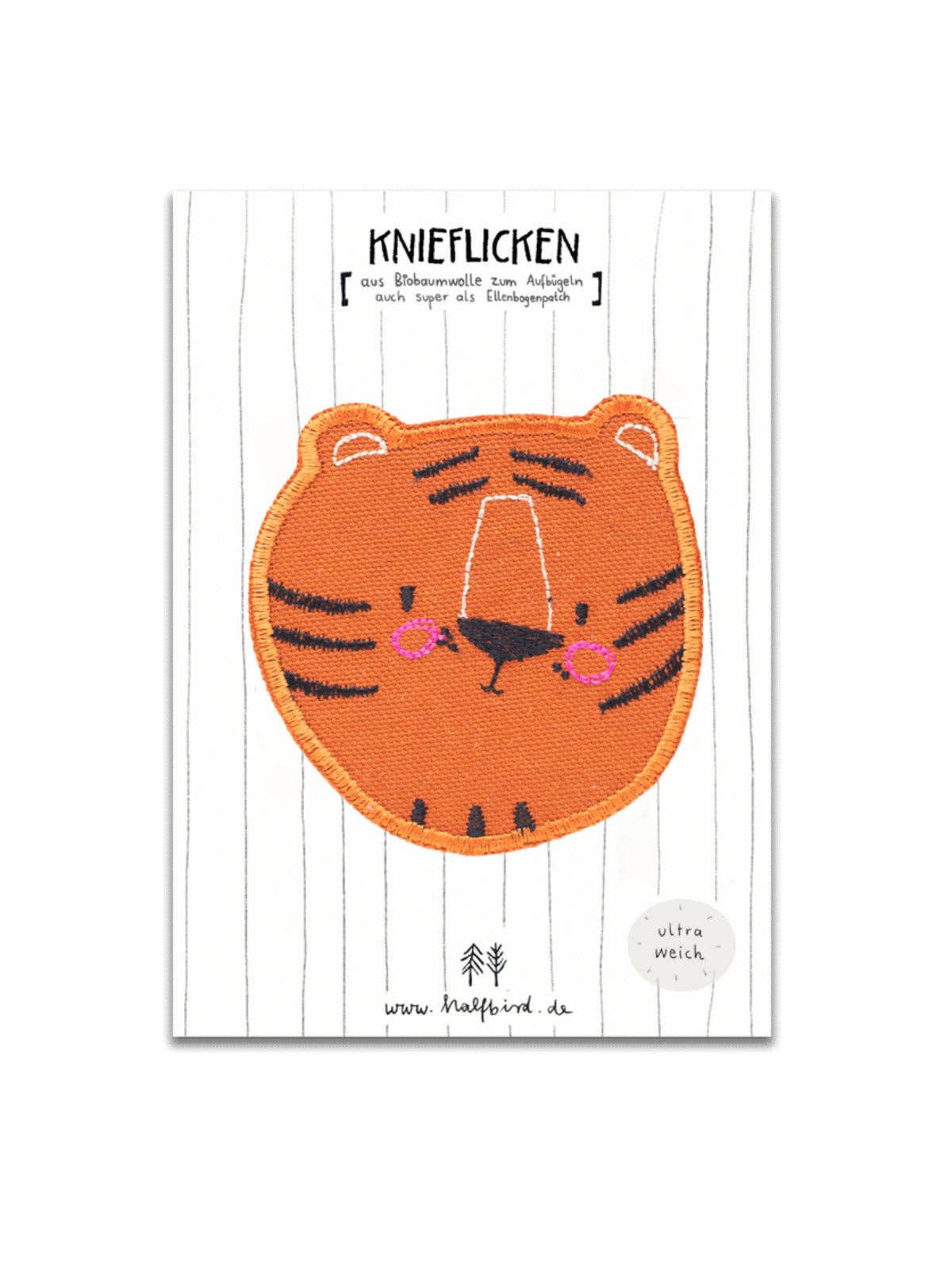 Verpackter Tiger-Knieflicken von Halfbird – nachhaltiger Aufnäher für Kinderkleidung, erhältlich bei Bärechind in Winterthur, Schweiz