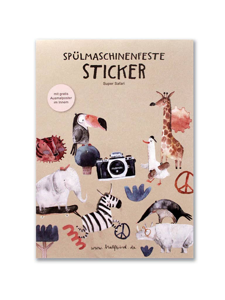 Nachhaltiger Stickerbogen „super Safari“ von Halfbird – farbenfroh & erhältlich bei Bärechind in Winterthur