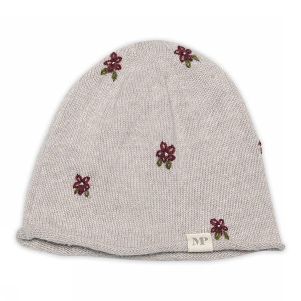 Helsinki Floral Beanie von MP Denmark in Beige Melange mit kleinen Blumen, erhältlich im Bärechind in Winterthur, Zürich Schweiz.