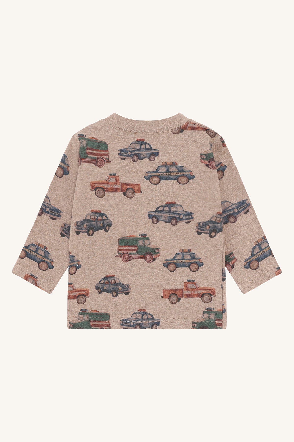 Rückansicht des Hust&Claire Anton Longsleeves mit Polizeiauto-Print, erhältlich im Bärechind Winterthur, Zürich Schweiz